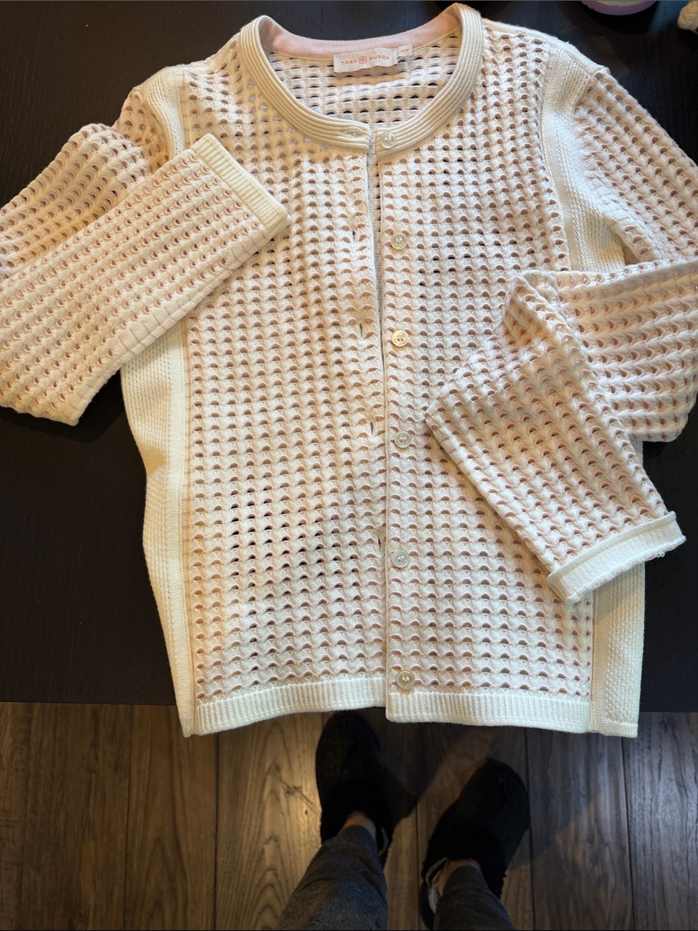 Tory Burch Cream and Light Pink Open-Weave Button Cardigan